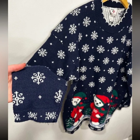 VTG Nutcracker Festive Teddy Bear Sweater Blue White Funky Hippie Boho Size L - Picture 3 of 6
